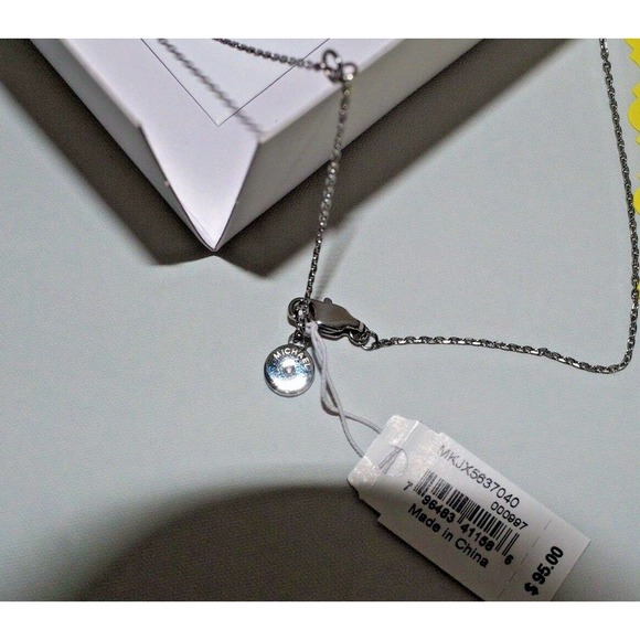 Michael Kors Iconic Cut-Out MK Logo w/ Crystals Pendant Necklace Silver New Tg - Picture 2 of 8